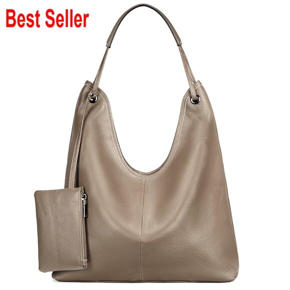 Genuine Cowhide Leather Hobo Handbag with Coin Pouch